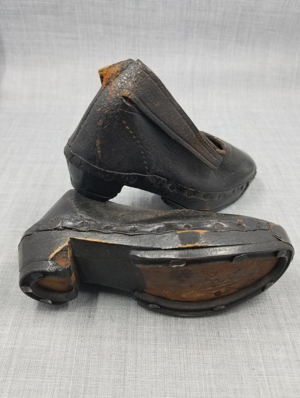 Antique Miniature Leather Clogs Wooden Soles Horse Shoe Iron Trim Doll Shoes